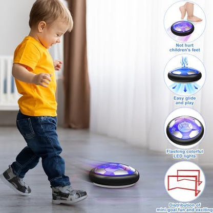 Rechargeable air powered floating football toy gliding on hardwood floor surface