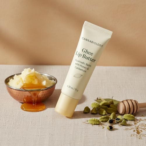 Texture shot of Cannabiology Ayurvedic lip balm with honey and cardamom ingredients