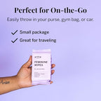 Pixie Cup menstrual wipes packaging showing ingredients and eco friendly certifications
