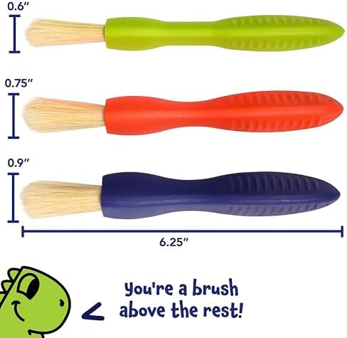 Six bright colors of ready to learn paint brushes for children showing three different brush head sizes