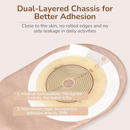 Heagimed one piece ostomy bag highlighting the soft skin friendly non woven fabric outer border for daily comfort