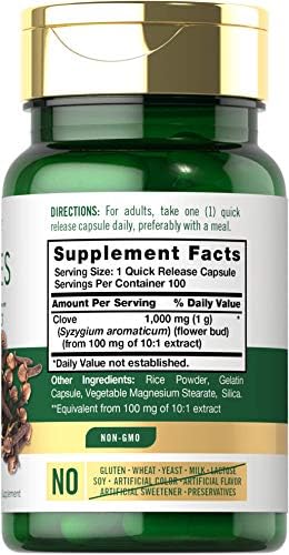 Back label of Carlyle Cloves 1000mg supplement listing non-GMO and gluten-free ingredients.
