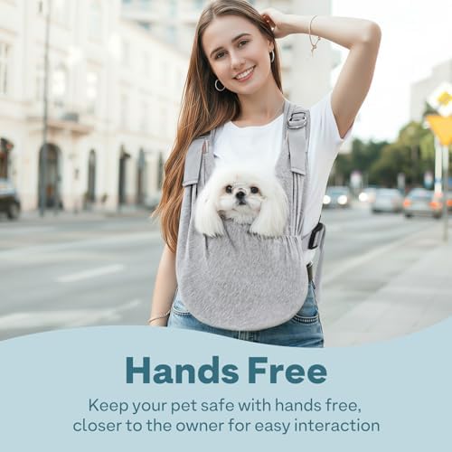 Ergonomic grey cat sling carrier showcasing secure internal safety leash attachment.