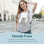 Ergonomic grey cat sling carrier showcasing secure internal safety leash attachment.