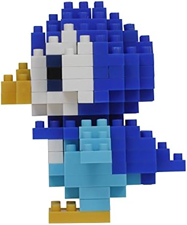 Side view detail of the light blue penguin character made from micro bricks