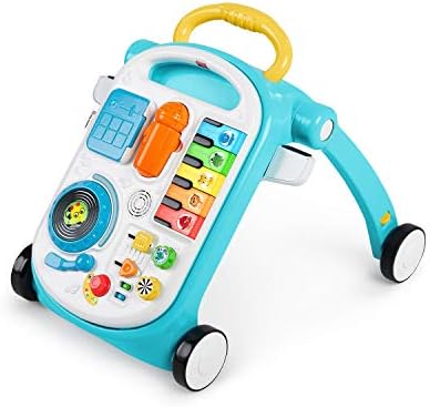Close up view of the removable floor toy station panel featuring musical keys and multi-language buttons.