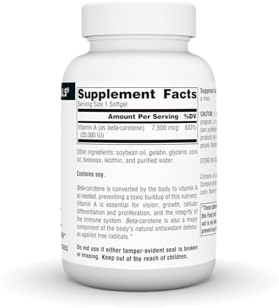 Source Naturals Beta Carotene 250 softgels packaging showing supplement facts panel
