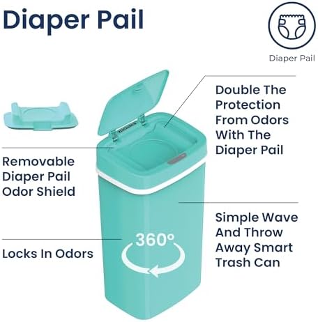 Ninestars teal blue plastic diaper pail displayed from a side angle
