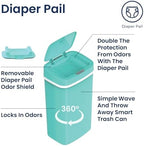 Ninestars teal blue plastic diaper pail displayed from a side angle