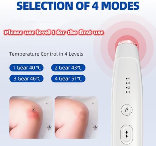 Rechargeable bug bite healer device with four temperature settings highlighted