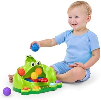 Unisex infant toy highlighting the flexible frog tongue launcher and the five included multi-colored play balls.