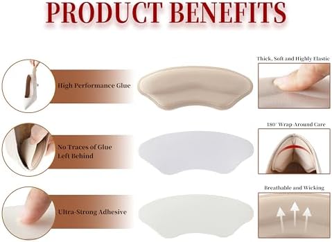 Self adhesive heel grips being applied to the back of a woman's high heel shoe.