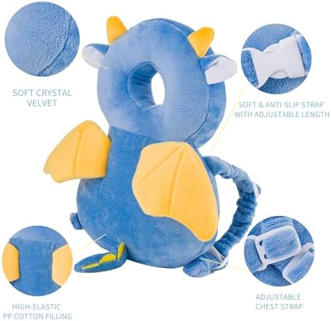 Toddler wearing dragon head protector backpack back view