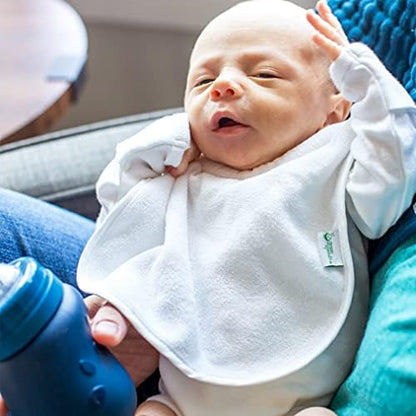 Three pack of multicolour Green Sprouts baby drool bibs displayed to show size and shape for newborns.