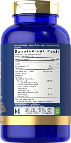 Carlyle Triple Omega Complex supplement showing nutritional label with fish flaxseed and borage oils.