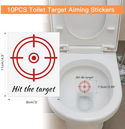 Close up of 10 pack colorful toilet target stickers for boys