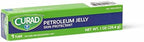 Curad first aid petroleum jelly moisturizer tube layout displaying the active white petrolatum info