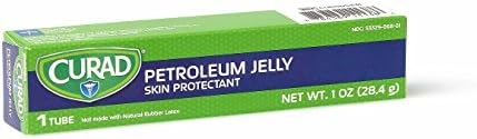 Curad first aid petroleum jelly moisturizer tube layout displaying the active white petrolatum info