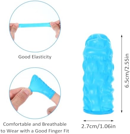 Large size blue non allergenic finger protectors laid out showing stretch and elasticity.