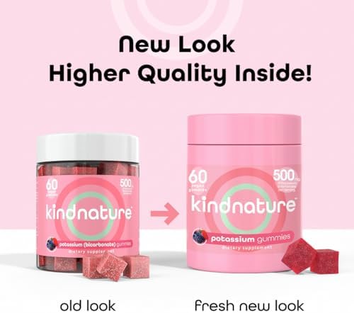 Kindnature potassium bicarbonate supplement gummies bottle side view listing vegan and non-GMO clean dietary features