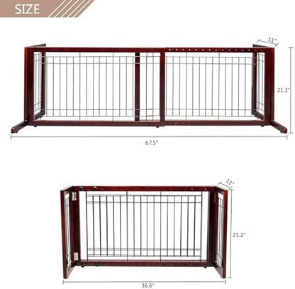 Small puppy standing safely behind the black metal slats of the pet gate