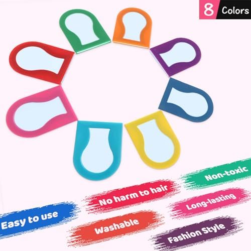 Back label of TALLSOCNE kids hair chalk showing safety features and non-toxic material certifications.