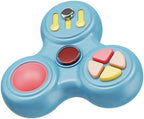 Side angle view of the blue sensory controller pad highlighting the ergonomic grip design