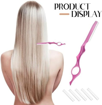 Full layout of Mudder pink styling razor comb holder alongside its replacement blade set