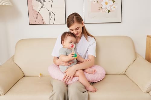 Pink nursing pillow displayed for mom and baby comfort