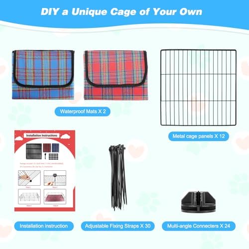 Pet Playpen with Mat, Small Animal Cage with Mat, Guinea Pig Cages, Puppy Pen for Indoors with Colorful Mat, 12 Panels Interior Metal Wire Yard Fence - Image 7