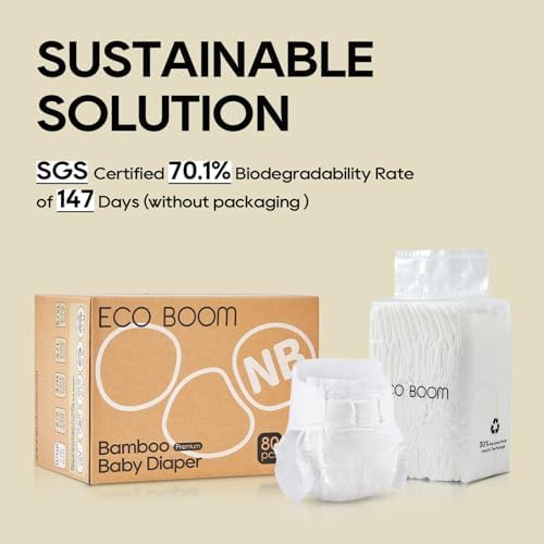 ECO BOOM size four large baby diaper displaying the one hundred percent bamboo viscose top sheet and secure tabs.