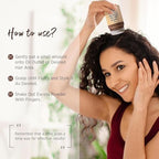 Translucent dark hair dry shampoo powder being patted onto hair roots to demonstrate zero white residue finish