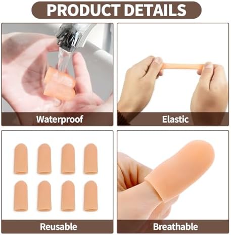 Waterproof thumb guard sleeve protecting a cracked fingertip during kitchen meal preparation.