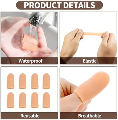 Waterproof thumb guard sleeve protecting a cracked fingertip during kitchen meal preparation.