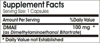 Supplement facts label on the back of the clean formula DMAE two hundred capsule bottle
