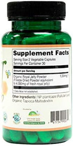 Greenbow royal jelly supplement bottle showing nutrition facts and organic certification