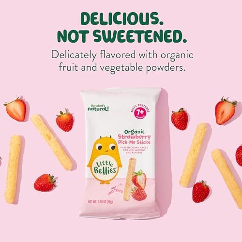 Five individual packs of Little Bellies organic strawberry sticks arranged out of the box.