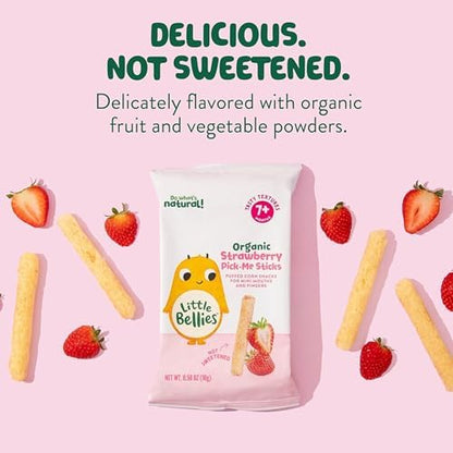 Five individual packs of Little Bellies organic strawberry sticks arranged out of the box.
