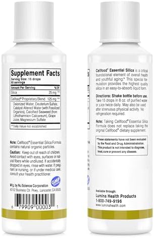 Cellfood Essential Silica liquid nutritional supplement bottle showing ingredients and dietary benefits for skin elasticity