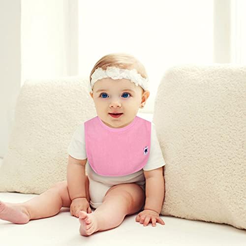 Spinfox unisex drool bibs spread out showing pink blue green and yellow options.