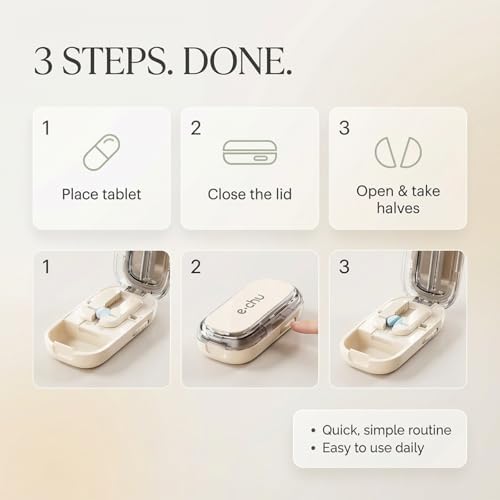 Close-up view of the Echu pill cutter splitting multiple small tablets into precise halves and quarters.