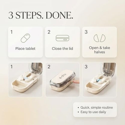 Close-up view of the Echu pill cutter splitting multiple small tablets into precise halves and quarters.