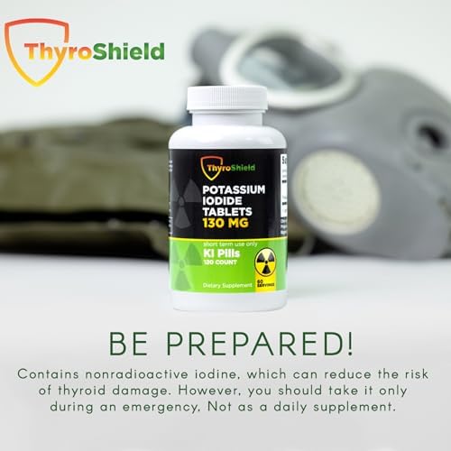 Side view of Thyroshield 130mg potassium iodide bottle