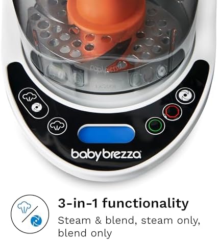 Side profile of the Baby Brezza one step food processor showing the removable water tank and compact design