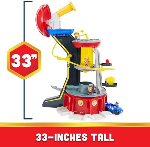 Close up view of the Paw Patrol tower command center platform with exclusive pup action figures standing on lit up spots.