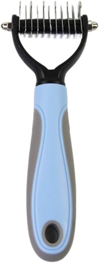 Pet grooming brush removing loose undercoat from dog