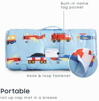 Wake In Cloud daycare mat open layout highlighting the soft attached minky dot fleece blanket.