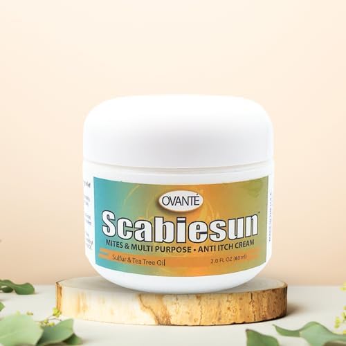 OVANTE Scabiesun anti itch cream packaging showing ingredients like sulfur and tea tree oil