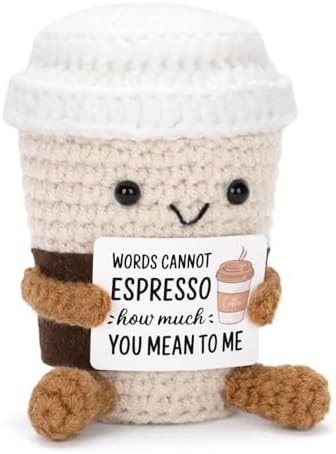 Handmade emotional support knitted coffee cup toy showing high quality premium wool stitching detail.