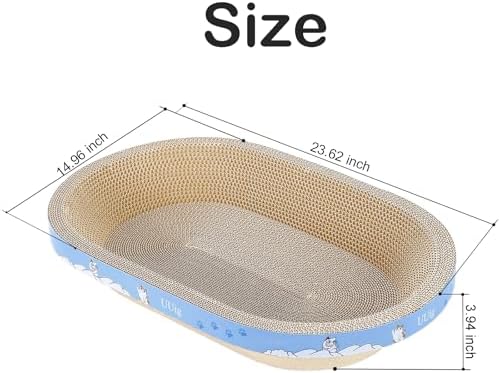 Large oval cat scratcher board with blue border and decorative paw prints
